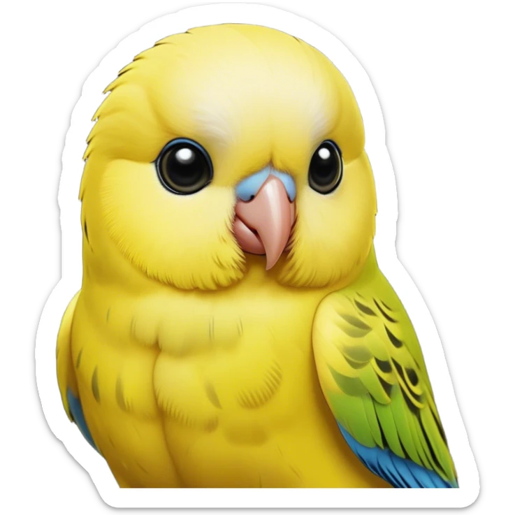 Cinematic Noble Yellow Budgie Portrait Emoji, Poised and regal, with a petite, delicate build and a smooth, well-groomed fur of brilliant yellow feathers, deep-set soulful dark eyes, Simplified yet sharp and sophisticated features, highly detailed, glowing with a soft, dignified glow, high shine, intelligent and charming, stylized with an air of elegance, focused and attentive, soft glowing outline, capturing the essence of a watchful and confident avian companion, so majestic it feels as though it could flutter out of the screen with effortless authority! sticker