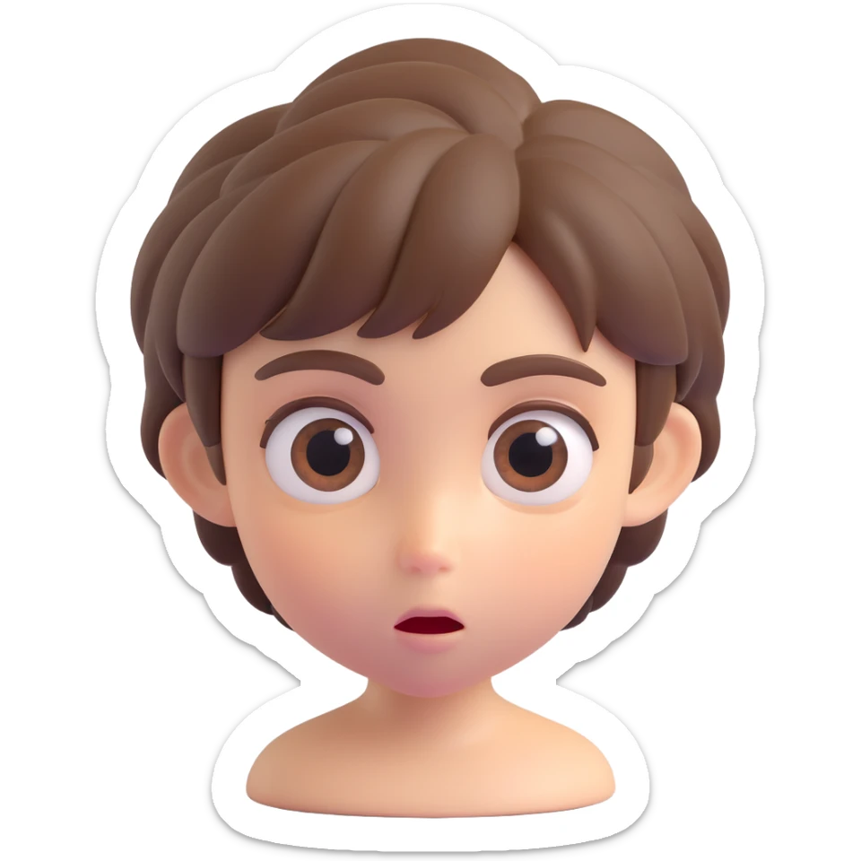 apple-style 3D emoji of a young person with short tousled brown hair, smooth skin, big expressive eyes, surprised expression, soft shadows, glossy plastic texture, bright pastel colors, fun cartoonish look, head centered, neutral background sticker
