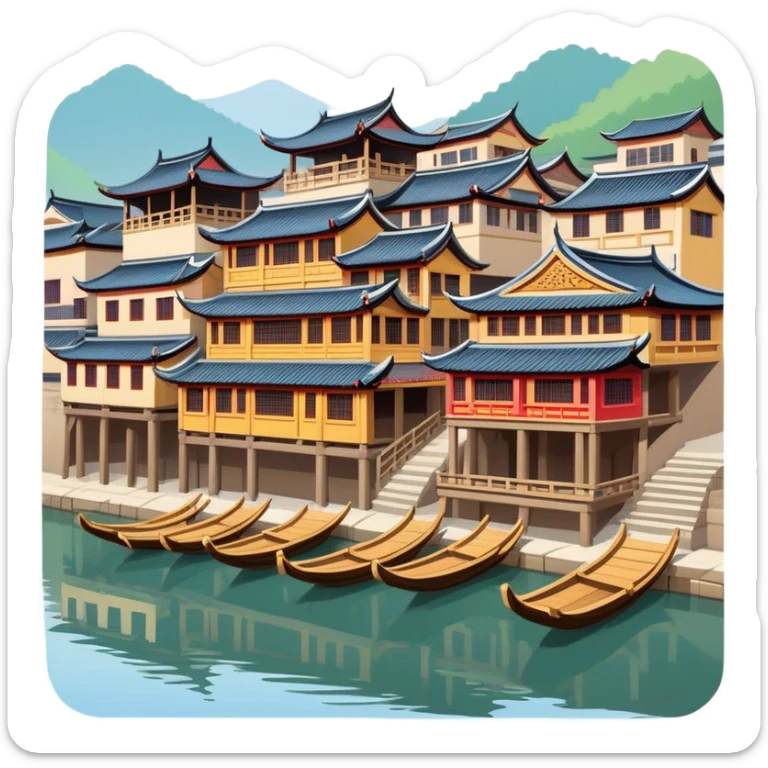 Fenghuang Ancient Town with wooden stilt houses by river, simplified emoji style with bold outlines and bright colors, cartoon style traditional Chinese buildings sticker