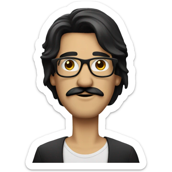 a white man with black, long and straight hair, a black mustache and glasses sticker
