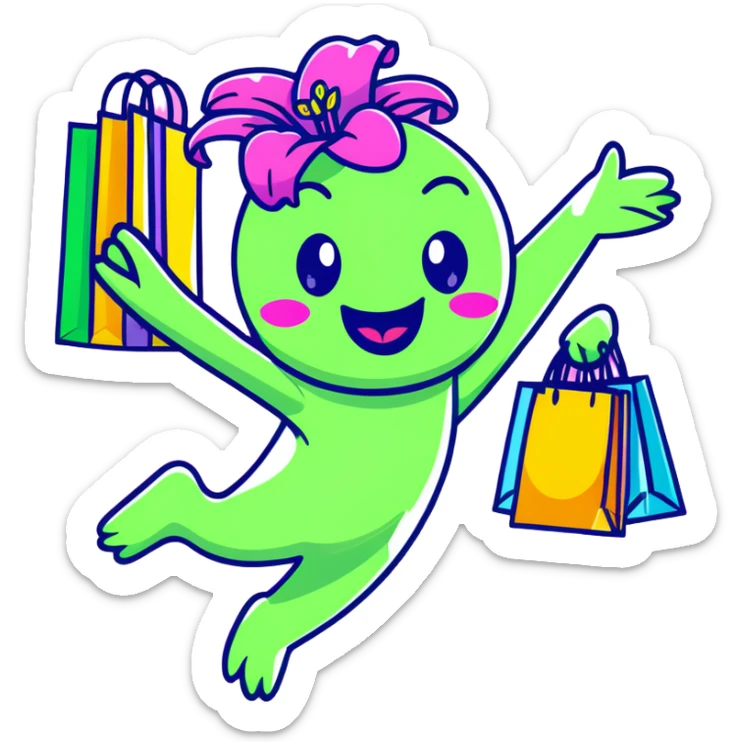 pastel magenta lily flower with sparkling eyes and open mouth, jumping with joy while holding shopping bags, round and bouncy sticker