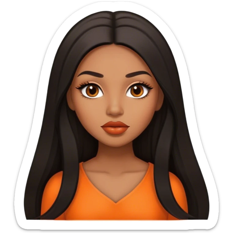 light brown skin tone, very beautiful woman, with big plump lips, long long lashes, black long straight hair, middle hair parting, brown eyes, orange dress sticker