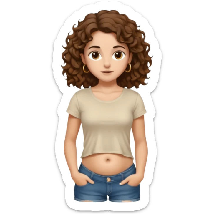 full body, very beautiful italian girl, dark brown eyes, looking like Emma Watson, with curly and big volume very bright brown hair, and a golden piercing ring in nose on left side, pulling up

 sticker