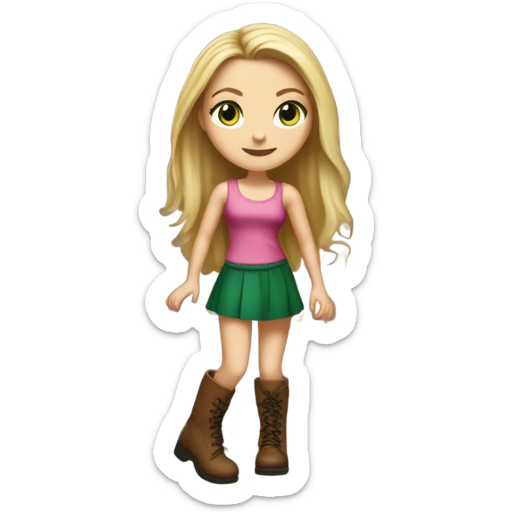 Realistic White girl with Long straight blonde hair, green eyes, tattoos, full body wearing pink dress and Brown knee-high leather boots, dancing sticker