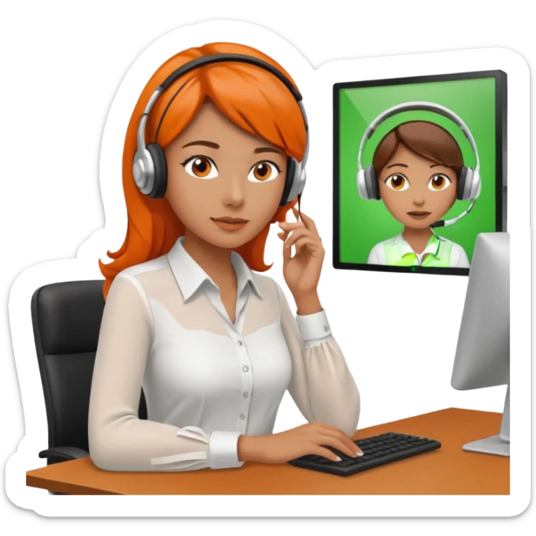 a woman sitting in the office, wearing a blouse and a headset. she is controling the limits on screen. green = ok, orange = am Limit, rot = überschritten sticker