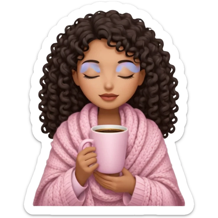 hispanic woman, brown skin, black long 3b curls, closed eyes, feminine face, holding soft pink coffee cup with beige blanket over shoulders sticker