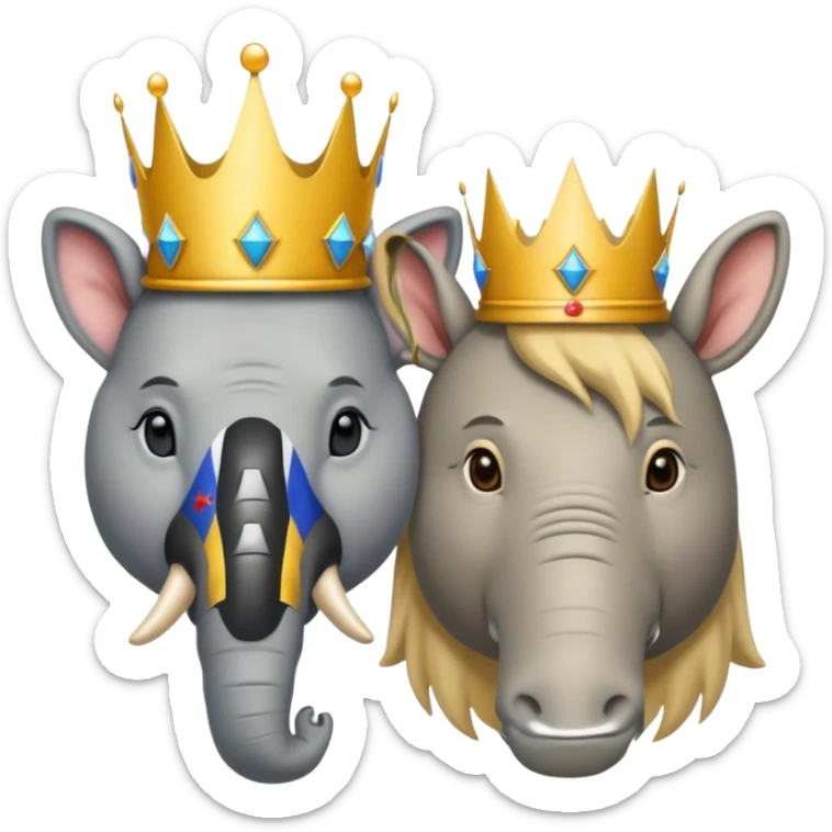 Democratic Party elephant facing Republican Party donkey with face of Donald Trump wearing a crown in between them sticker