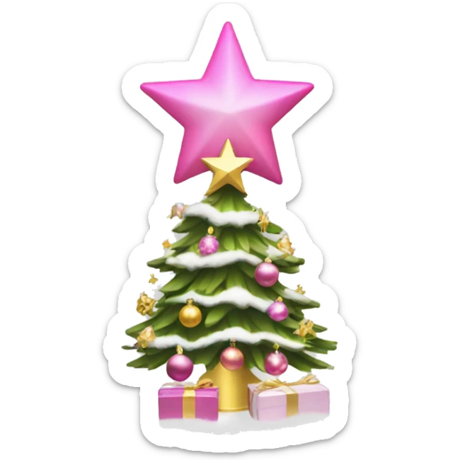 Christmas tree with pink ornaments snow and an angel tree topper in gold sticker