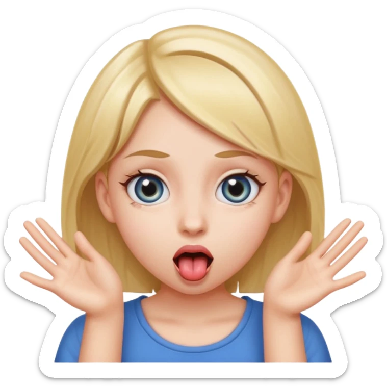 A girl with her tounge out and wide eyes with her hands at the side of her head as if she’s opening, spreading towards the camera sticker