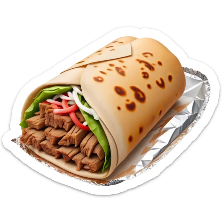 Doner Kebab Cinematic Realistic Doner Kebab Dish Emoji, depicted as iconic, spiced meat wrapped in foil and paper, rendered with lifelike textures and dynamic, appetizing lighting. sticker