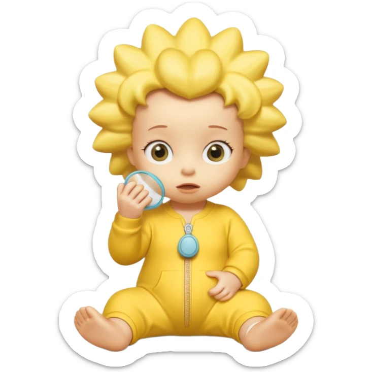 A 3D cartoon baby character entirely yellow, styled like Maggie Simpson, with pacifier, yellow onesie, big eyes, smooth shading, Memoji-style rendering, consistent with other yellow Simpsons characters. sticker