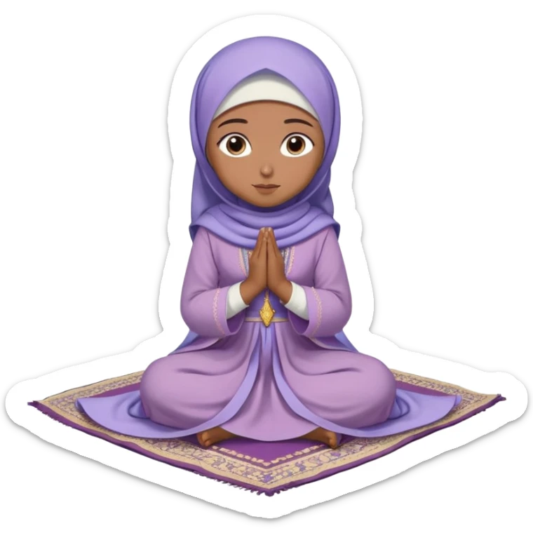 Turkish beautiful finish Konya muslim girl blue eyes with light purple color flower hijab long tail dress and sits on the pray mat namaz on the ground with dua  sticker