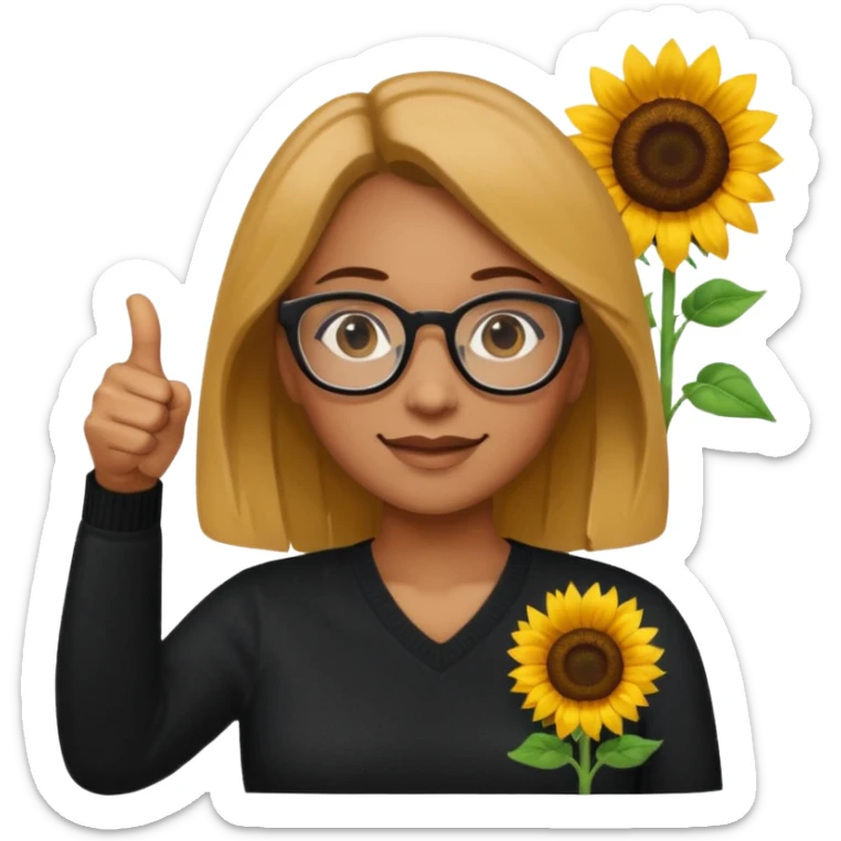 Make my biology teacher shes light brown, wears glasses, female, fat, all black sweater down and sunflower shirt under and make her give 1 thumbs up sticker