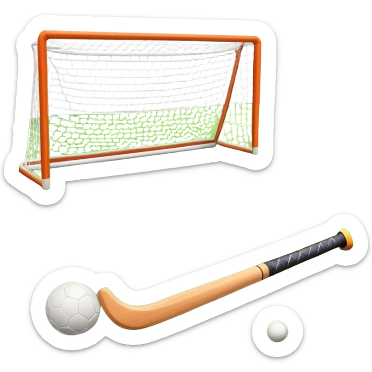 A field hockey stick and ball on a vibrant green grass field, with goalposts and clear field markings in the background. The scene emphasizes the bright, lush grass, highlighting the fast-paced and strategic nature of hockey on a well-maintained pitch. sticker