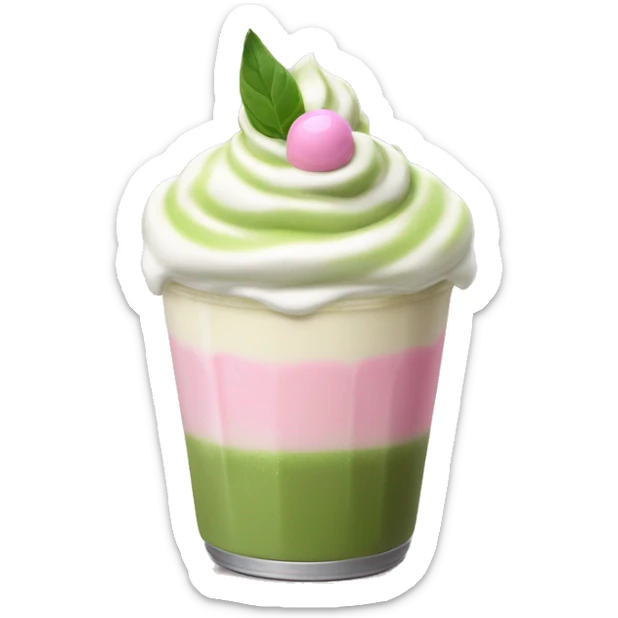 matcha latte with small dollop of pink whipped cream on top. no straw or handle  sticker