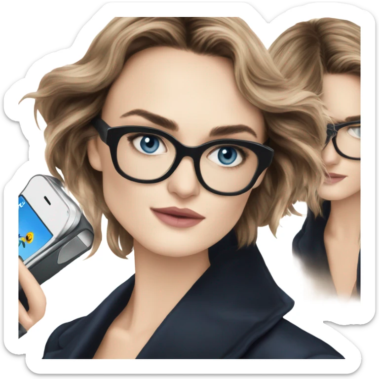 Photo of elegant Keira Knightly wearing black glasses and blue eyes holding on phone  sticker