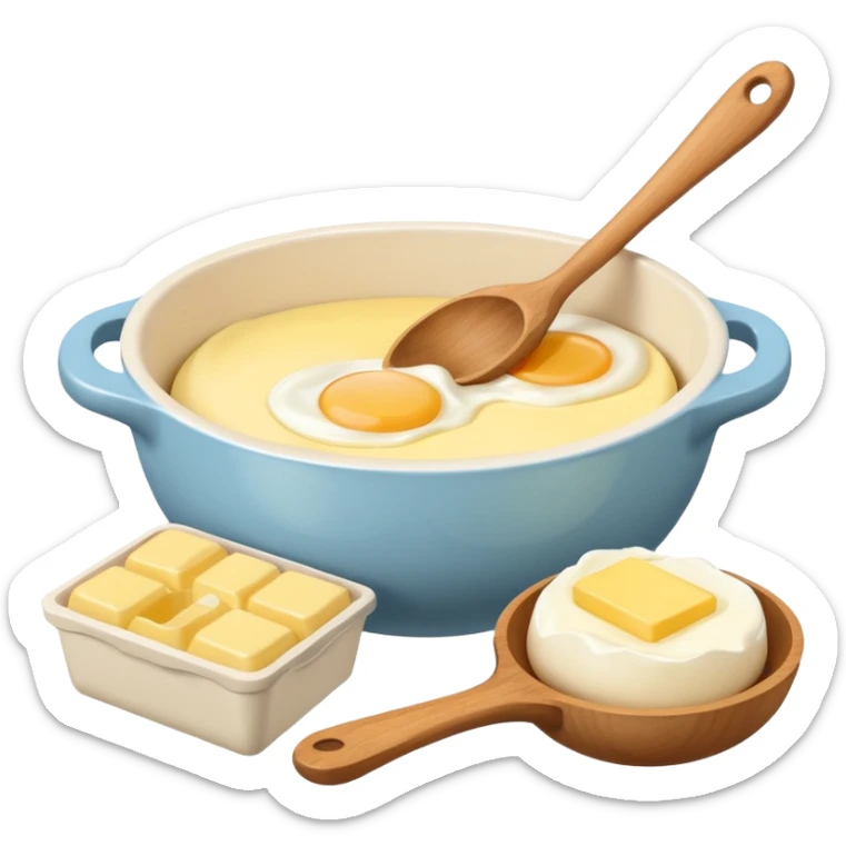A cream ceramic baking bowl with a wooden spoon in it, next to it is a carton of eggs and butter sticker