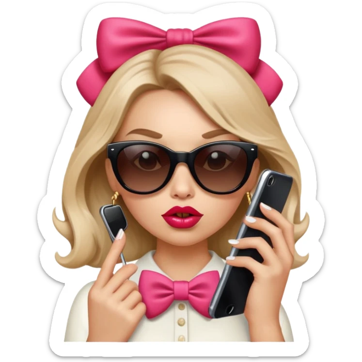 Girl with huge lips, sunglasses, bow on her hair, holding a phone with attitude sticker
