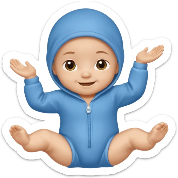 A smiling newborn baby wearing a blue onesie, moving its arms and hands. sticker