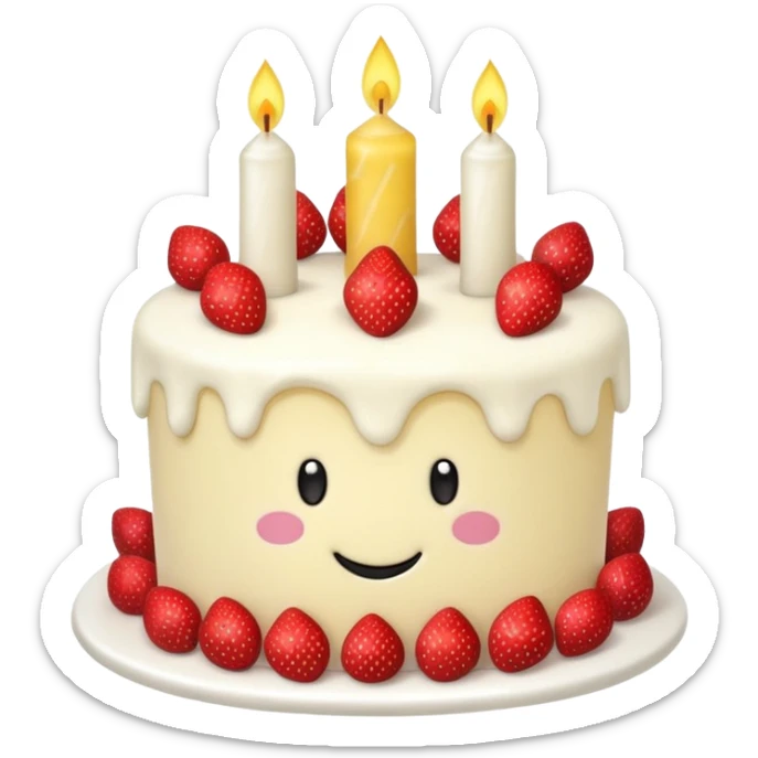 Jellycat vanilla cake with white frostting and strawberries on top with one candle with smiley face sticker