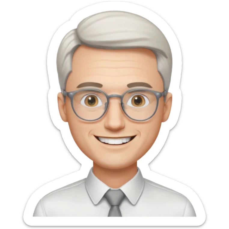 30 yr old pale white man, white/grey side swept stylish hair, round glasses, big smile, white teeth, handsome, longer hair, thin glasses, white dress shirt, smooth forehead, botox sticker