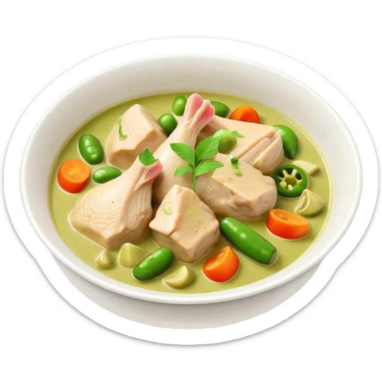 Green Chicken Curry Cinematic Realistic Green Chicken Curry Dish Emoji, depicted as tender chicken chunks simmered in a fragrant green curry sauce with vegetables, rendered with vivid textures and dynamic, vibrant lighting. sticker