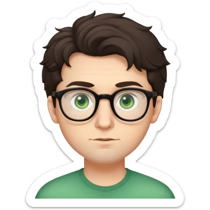 Young man with slightly curled dark brown poofy hair, green eyes wearing glasses, wide face with eyes set apart, bigger ears, pale skin, slightly bigger nose, and very light stubble sticker