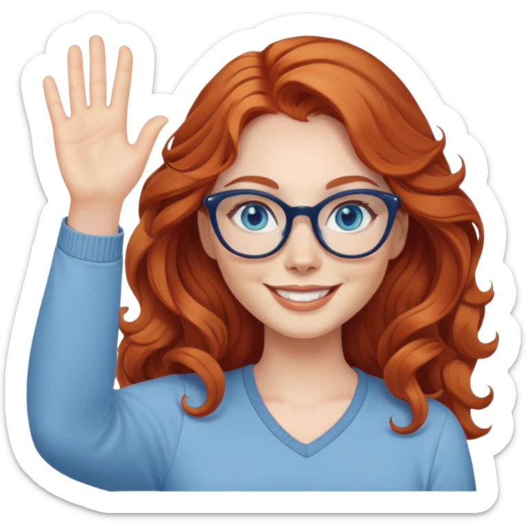 redheaded woman with long wavy hair, blue eyes, cat-eye glasses, casual outfit, smiling, waving sticker