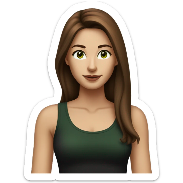Attractive woman with very long chestnut-brown hair and dark green eyes wearing a black tank top sticker