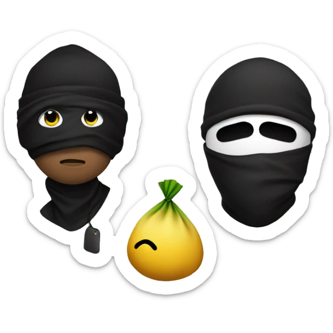 Robber Emoji with a black beanie, black eye mask with holes for his eyes, and a money bag emoji over his shoulder sticker