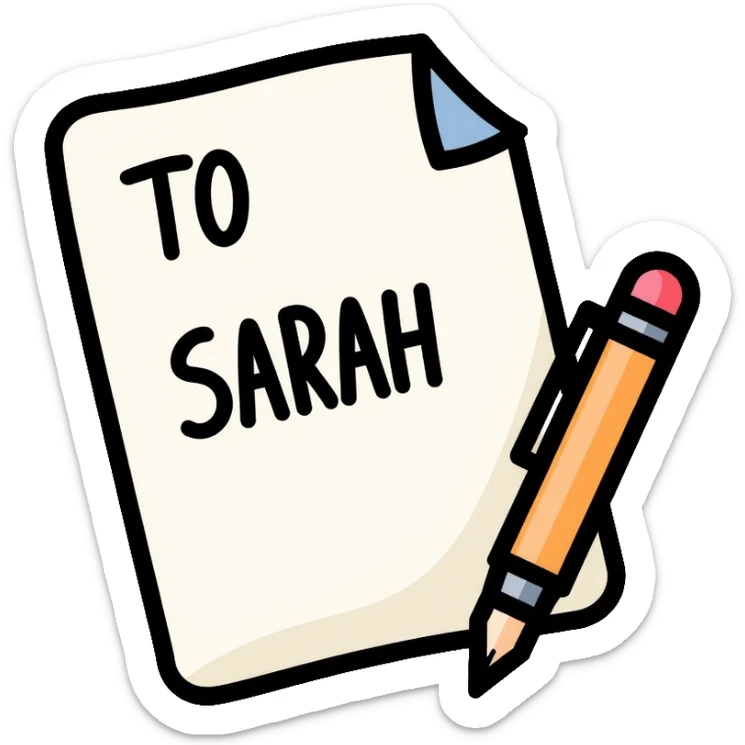a paper letter with "TO SARAH" text written at the top of the letter, with a pen lying next to it sticker