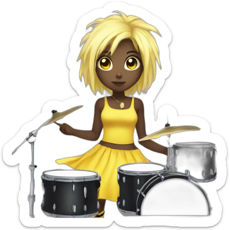 cute punk girl in yellow dress dark skin with yellow eyes and dark curvy hairs drummer anime style sticker