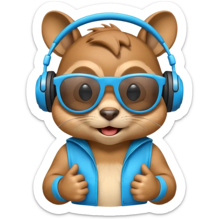 A high-detail 3D cartoon emoji of a cool chipmunk wearing oversized glowing blue DJ headphones and white retro sunglasses, expressive smirk, vibrant colors, white background, high gloss. sticker