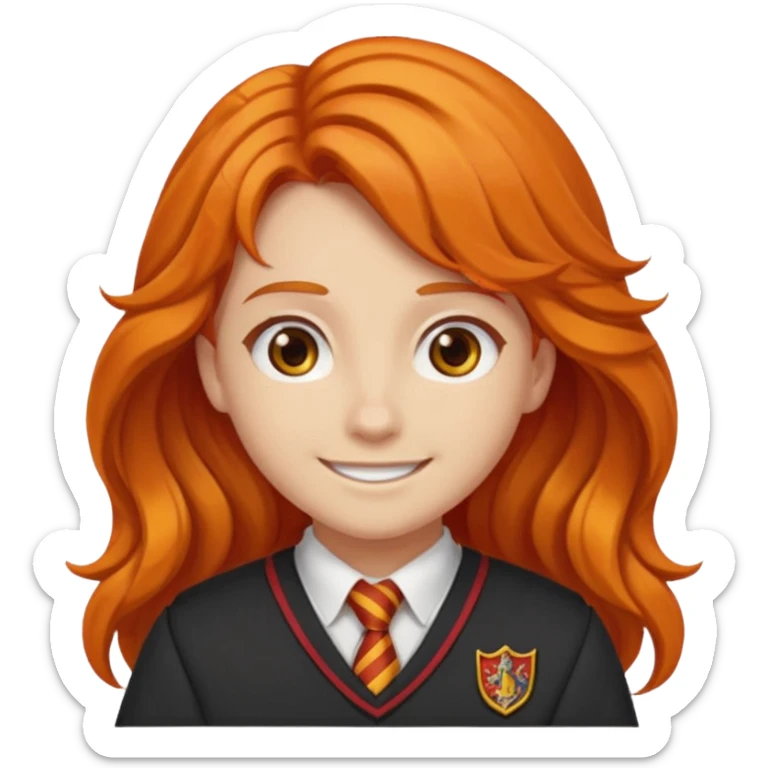 A iphone emoji with long wavy fierce orange hair and hazel eyes, wearing Gryffindor school uniform sticker