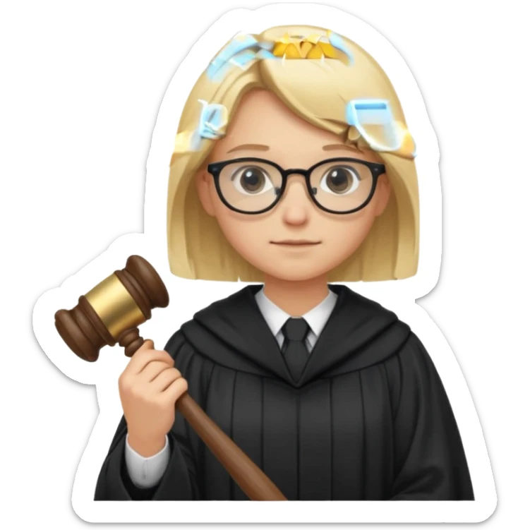 Young judge, blonde hair with glasses and robe, hold a gavel sticker
