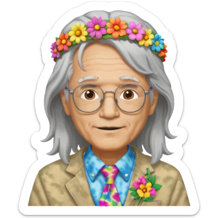elderly man with long grey hair, glasses, peace sign necklace, tie-dye clothing, flower crown sticker