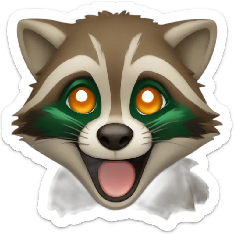 brown raccoon with orange eyes and a dark green hood that is laughing sticker