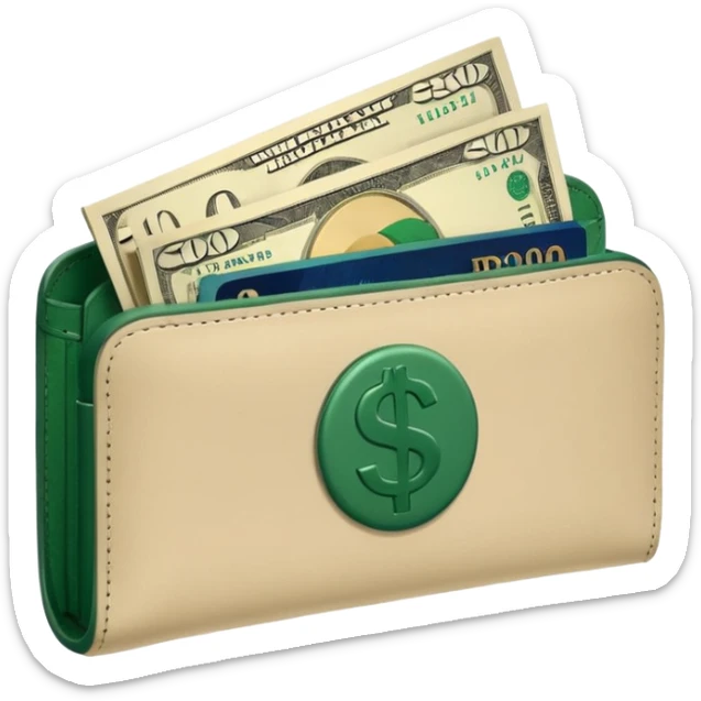 light beige wallet with dark green dollar bills sticking out, minimalist, emoji style sticker
