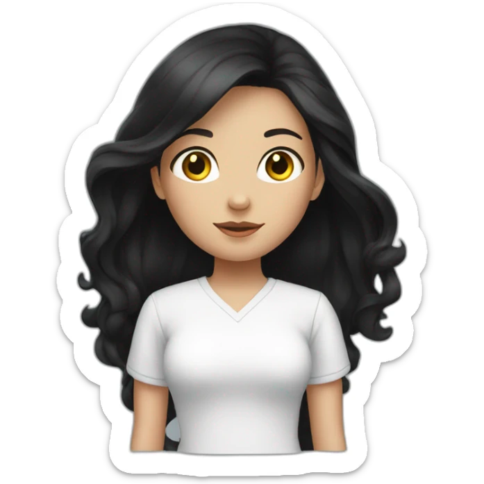 A girl with long black hair, brunette, wearing a white shirt sticker