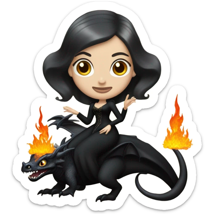 Victorian evening dressed, Teen Morticia Addams Jedi wearing a mini tiara, riding on the back of a very large black shiny evil-looking fire-spewing horned dragon sticker