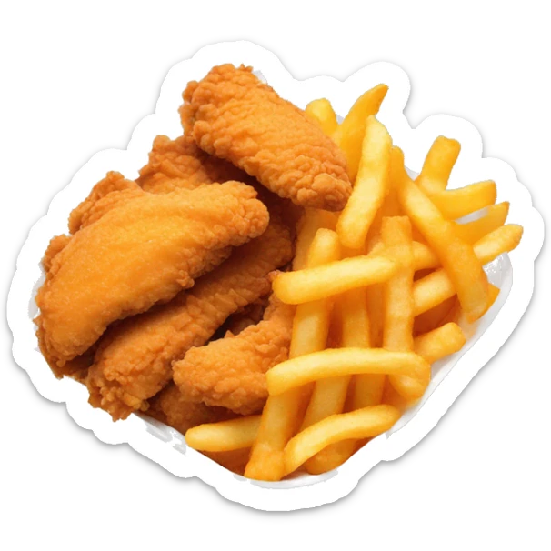 3 chicken tenders with crinkle fries and orange sauce on the side in a styrofoam container sticker