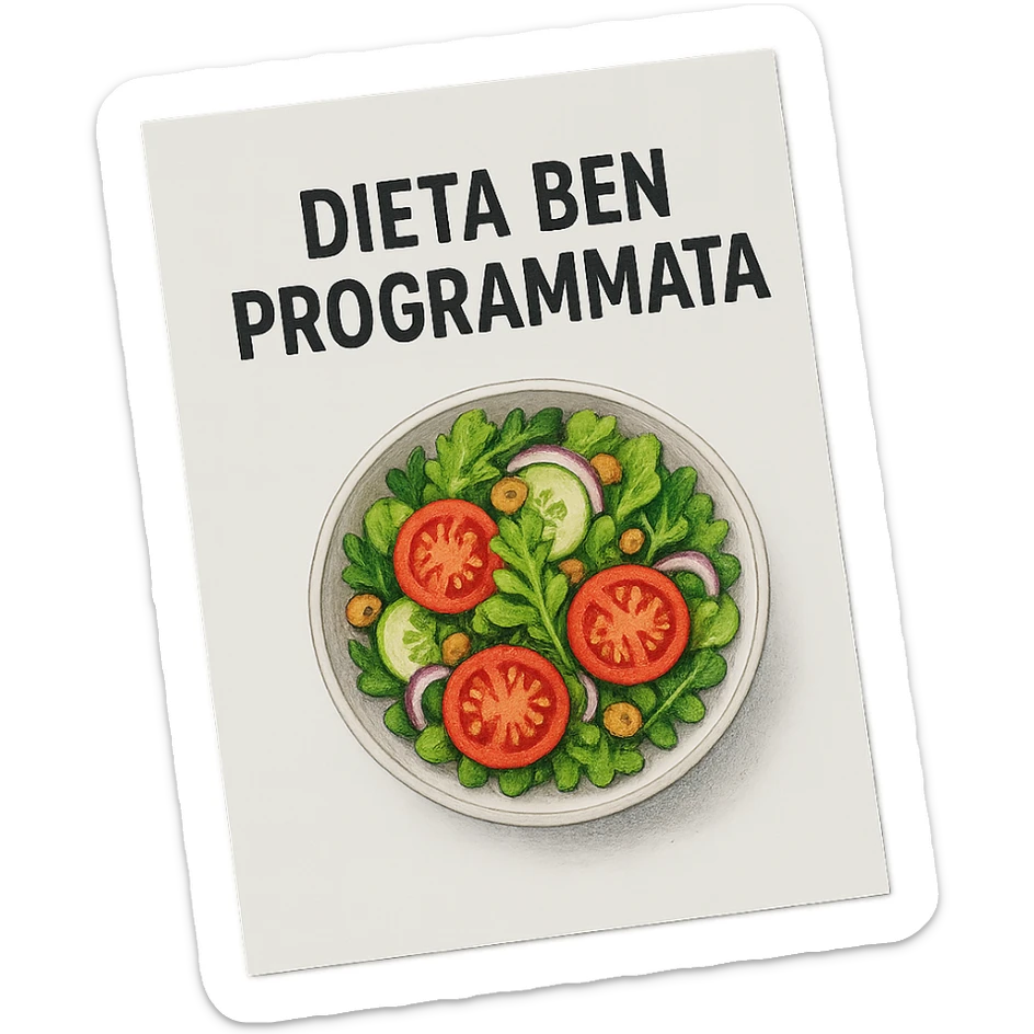hyperrealistic 4K top view of a white sheet of paper with an illustrated bowl of salad and the text 'DIETA BEN PROGRAMMATA', no background sticker
