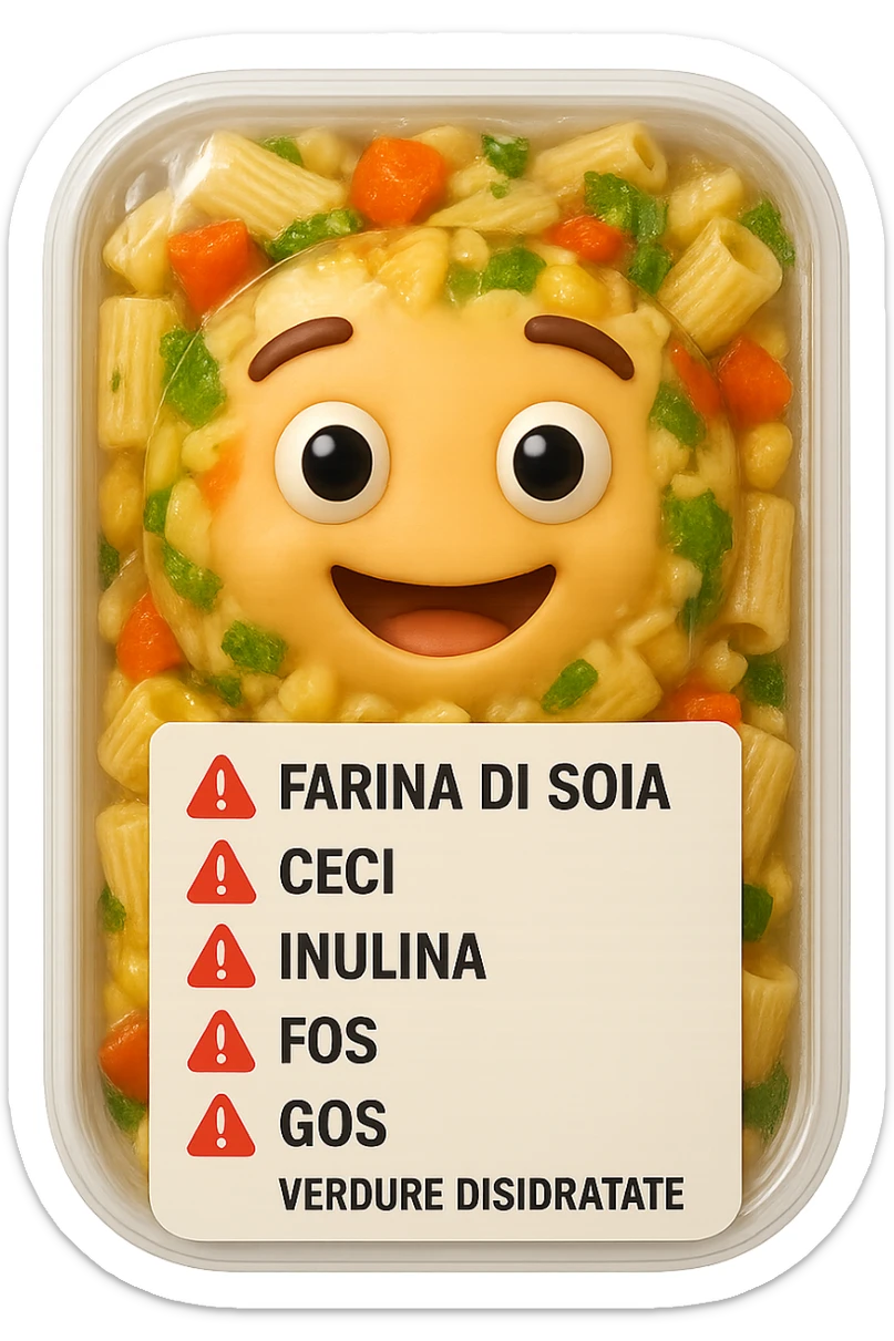 SU QUESTO STILE FAI UN EMOJI STILE IPHONE 3D DI UN insalata di pasta precotta preconfezionata con ETICHETTA CON GLI INGREDIENTI SCRITTI, "farina di soia, ceci, inulina, FOS, GOS, verdure disidratate" accanto ad ogni nome scritto mettici un segnale di allarme, FALLO MOLTO REALISTICO IN 3D sticker