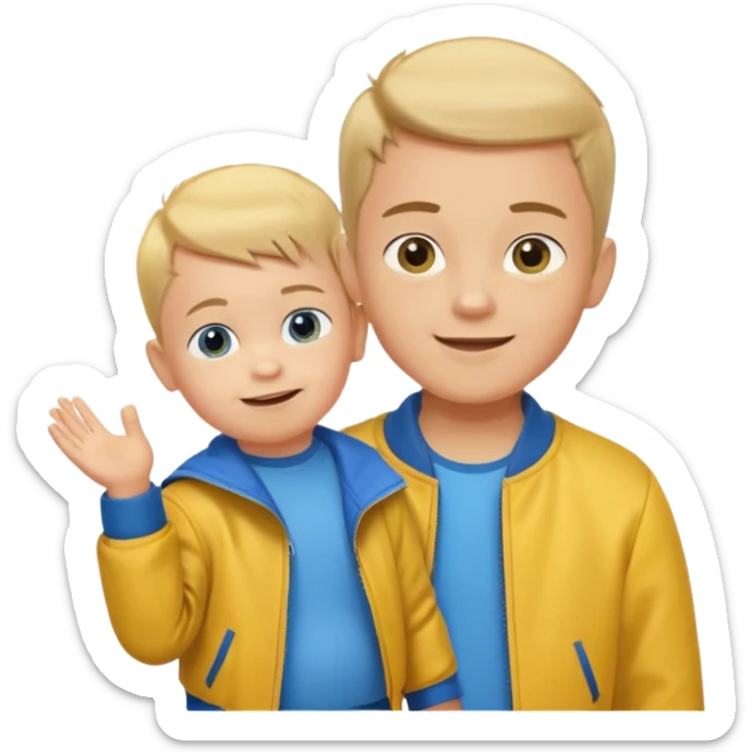 boy with baby hair cut shrugging his shoulder, wearing yellow jacket and smile sticker