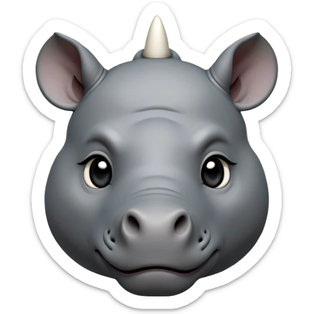 cinematic-noble-cute-young rhino-portrait-emoji,slate-grey-hide-poised-and-regal,-with-a-massive,-powerful-build-and-a-thick,--deep-set-soulful-piercing-eyes,-simplified-yet-sharp-and-sophisticated-features,-highly-detailed,-large-black-eyes, white horn, front facing, zoomed out showing shoulders sticker