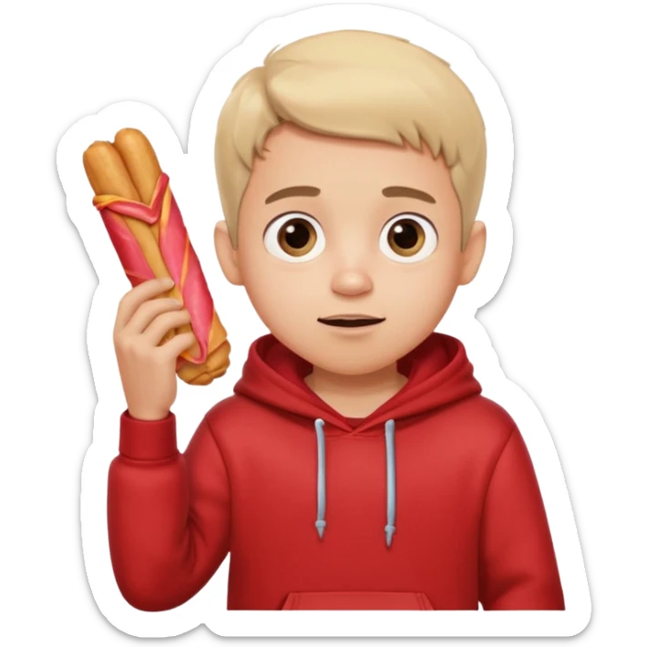 ute funny Spanish cartoon boy named Peque Tito, red hoodie, denim shorts, big expressive eyes, holding a churro, Pixar-style, viral character.” sticker