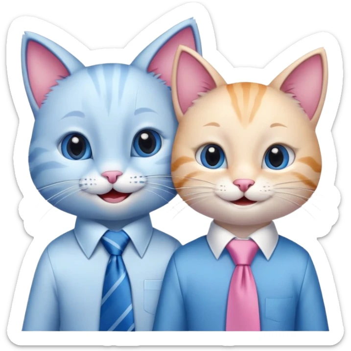 happy girl cat with eyelashes wearing a pink necktie and happy boy cat wearing a blue necktie, standing close together, both smiling sticker