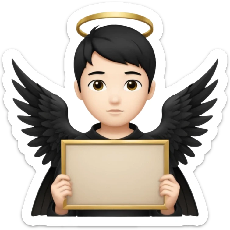 Asian Boy Angel with black hair black halo and black wings holding a large blank sign sticker