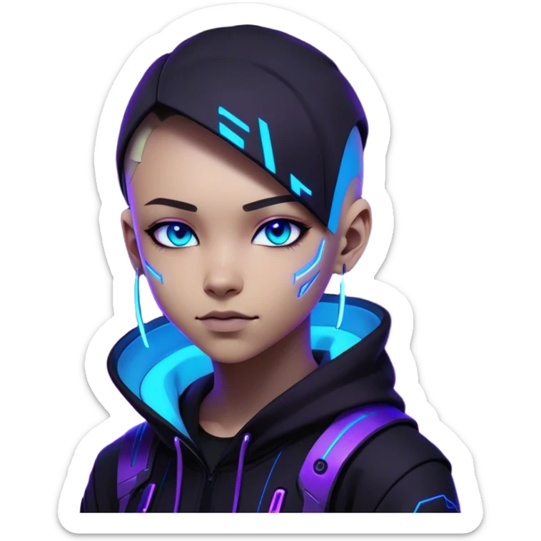 "A highly detailed futuristic digital avatar of a young graphic designer. Cyberpunk-inspired, wearing a sleek black hoodie with neon blue and purple accents. The character has sharp features, a confident smirk, and glowing eyes (one blue, one purple). The background is dark with abstract lighting, giving a professional and mysterious vibe. The art style is a mix of ultra-realistic and sci-fi digital painting, high resolution sticker