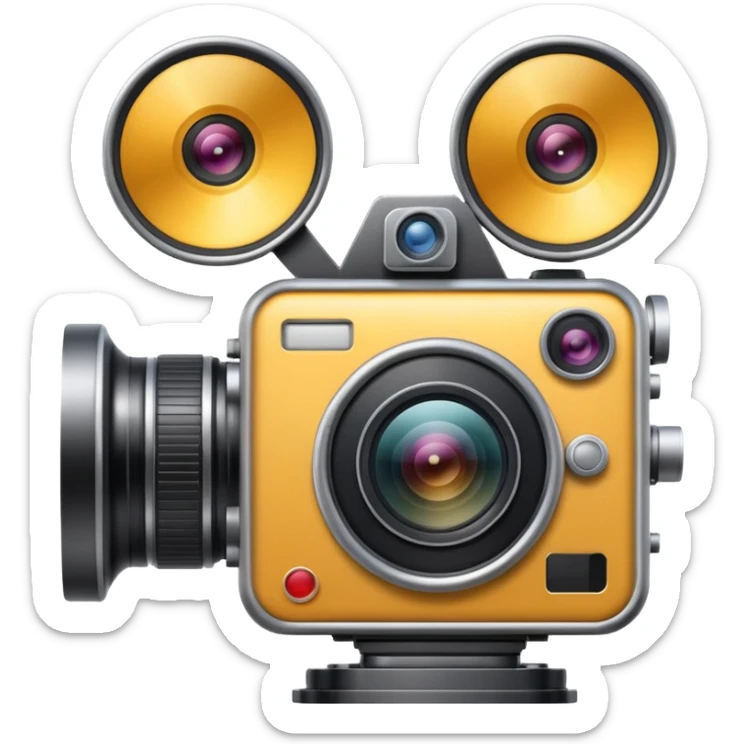 Minimal emoji icon of a huge cinematic metalic camera, front view, realistic lens, no gold sticker